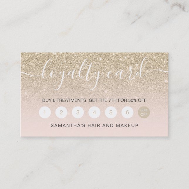 elegant typography blush champagne glitter ombre loyalty card (Front)