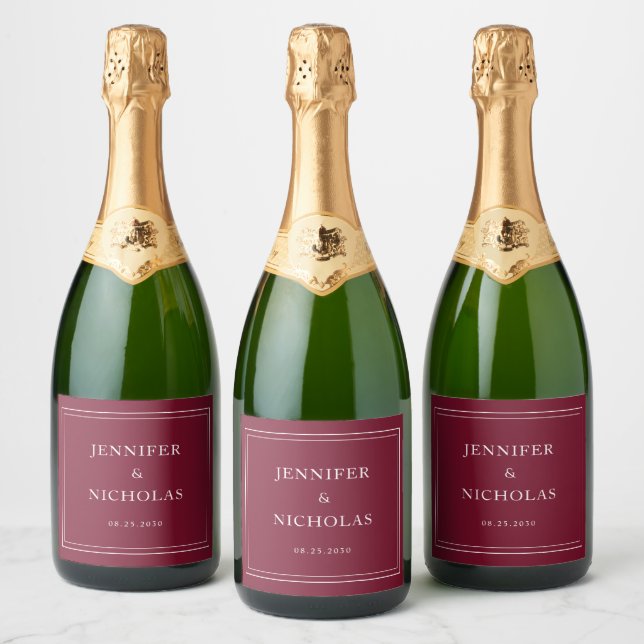 Elegant Typography Burgundy Wedding Sparkling Wine Label (Bottles)