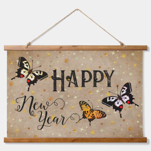 Elegant Typography Butterfly Stars Rustic New Year Hanging Tapestry