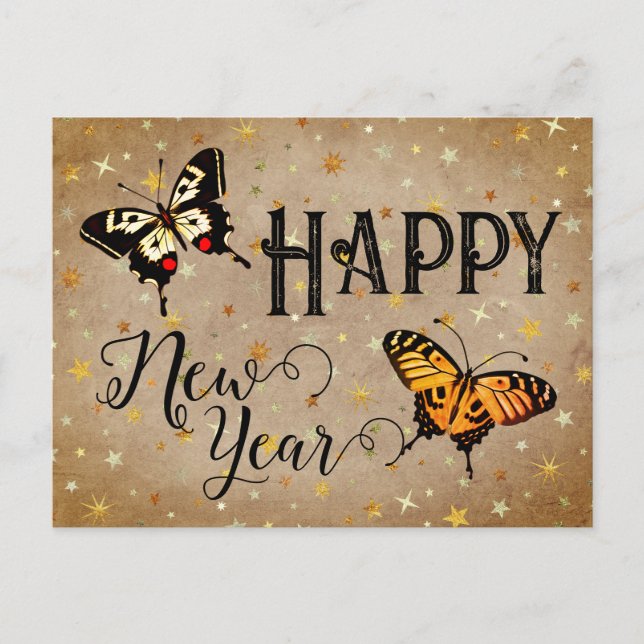Elegant Typography Butterfly Stars Rustic New Year Holiday Postcard (Front)