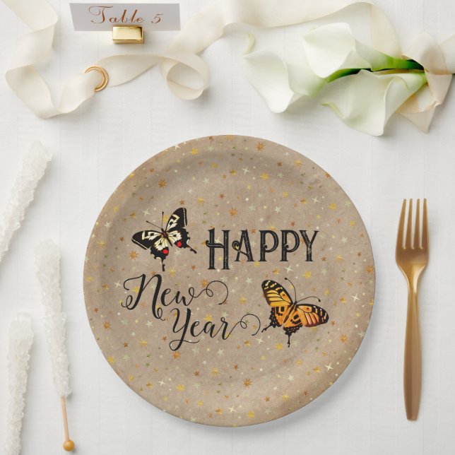 Elegant Typography Butterfly Stars Rustic New Year Paper Plate (Wedding)