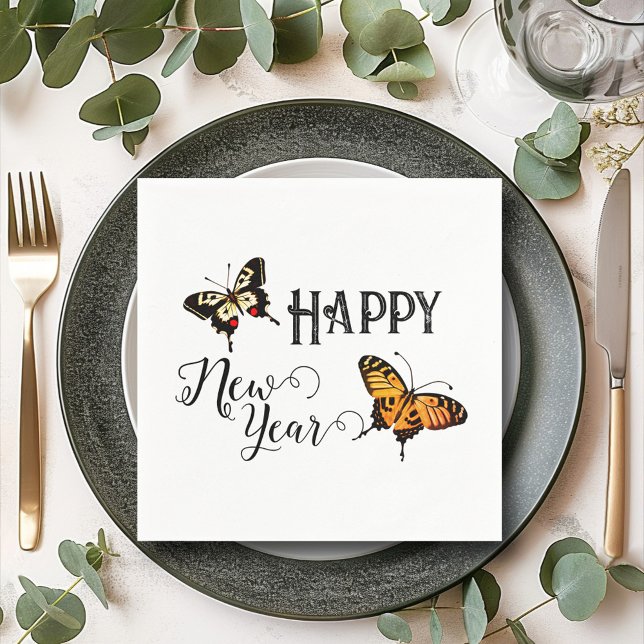 Elegant Typography Butterfly White Happy New Year Napkin (Creator Uploaded)