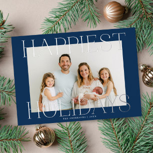 Elegant Typography Christmas Photo Blue + Silver