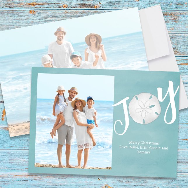 Elegant Typography Custom Joy Turquoise Beach Holiday Card (Christmas Holiday Joy Creative Typography Beach Photo Card)