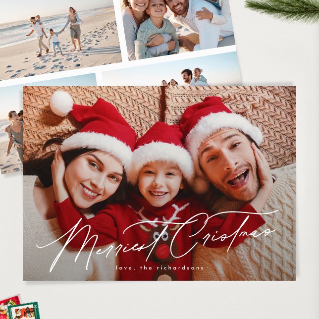 Elegant Typography FIVE Photo Merry Christmas Holiday Card (Creator Uploaded)
