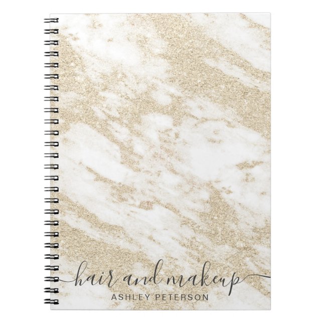 elegant typography gold glitter marble hair makeup notebook (Front)