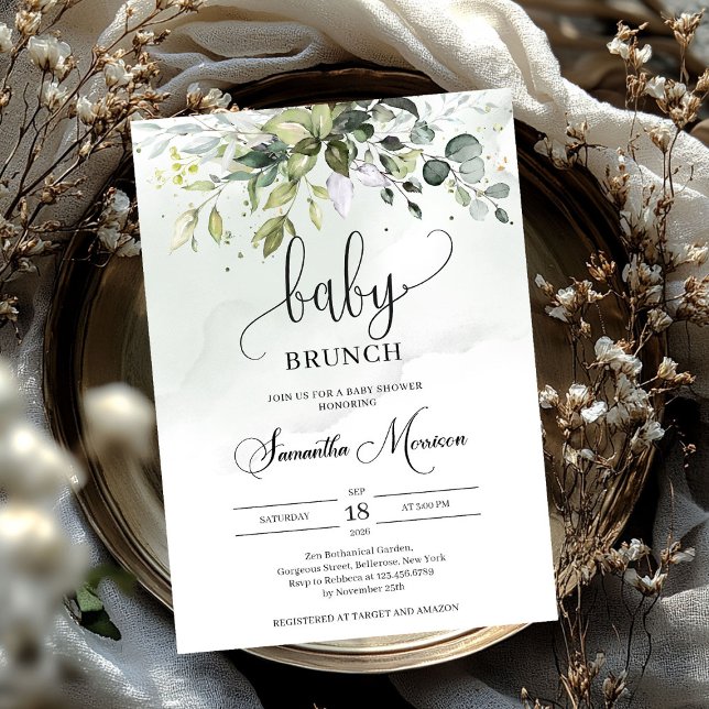 Elegant typography greenery foliage baby brunch invitation (Elegant typography greenery foliage baby brunch invitation)