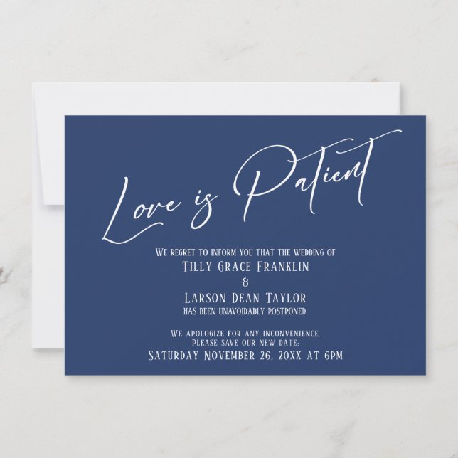 Elegant Typography Love is Patient Navy Card (Front)