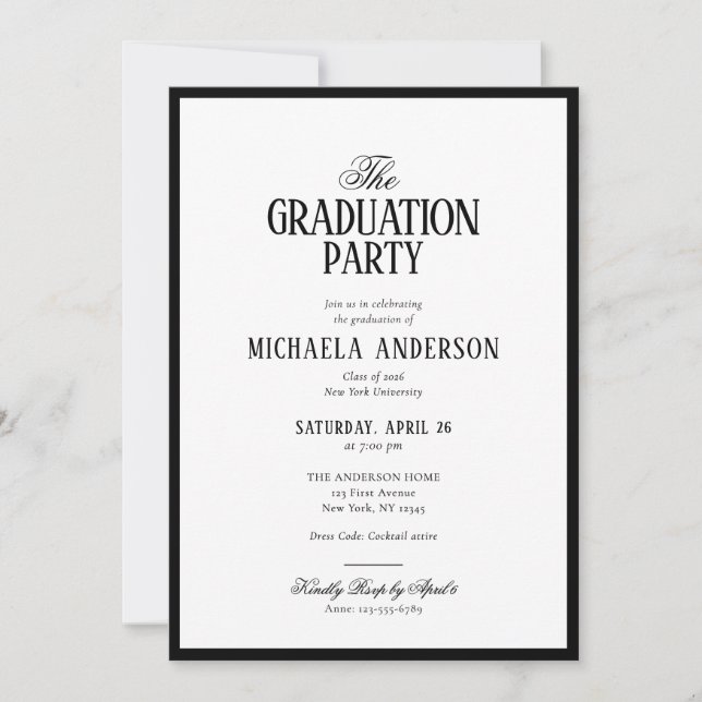 Elegant Typography Modern Black & White Graduation Invitation (Front)