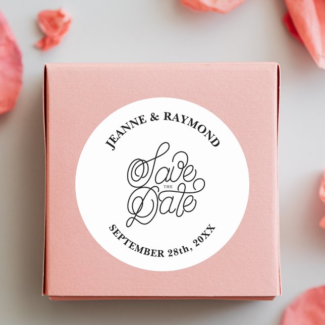Elegant Typography Modern Wedding Save the Date Classic Round Sticker (Elegant modern typography sticker adds timeless charm to wedding save the date invitations.)