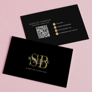 Elegant Typography Monogram Black Gold QR code Business Card