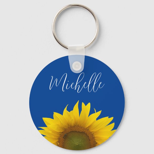Elegant Typography Monogram Yellow Sunflower Key Ring (Front)