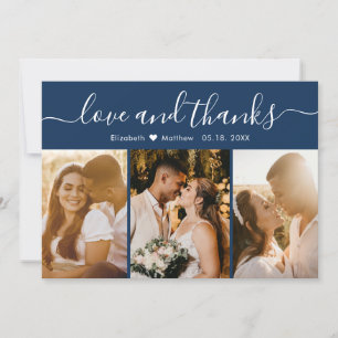 Elegant Typography Navy Multiple Photo Wedding Thank You Card