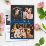 Elegant Typography Navy Photo Collage Thank You<br><div class="desc">Elegant, Minimalist Hand Lettered Wedding 3 Photo Collage Thank You Card in Navy colour. Stylish wedding thank you card template featuring three photo on the front and one photo on the back. With the text "Love and thanks" in a swirly hand lettered typography script font in white on deep navy...</div>