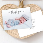Elegant Typography Newborn Baby Photo Thank You<br><div class="desc">Simple Modern Elegant Calligraphy Script Photo Newborn Baby Thank You Birth Announcement Card. Features a beautiful "thank you" text in a handwritten calligraphy swash tail font script in grey. Pre-made personal message at the back side in black and white. Great for baby shower thank you and for birth announcement. Ideal...</div>
