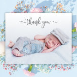 Elegant Typography Newborn Baby Photo Thank You<br><div class="desc">Simple Modern Elegant Calligraphy Script Photo Newborn Baby Thank You Birth Announcement Card. Features a beautiful "thank you" text in a handwritten calligraphy swash tail font script in grey. Pre-made personal message at the back side in black and white. Great for baby shower thank you and for birth announcement. Ideal...</div>