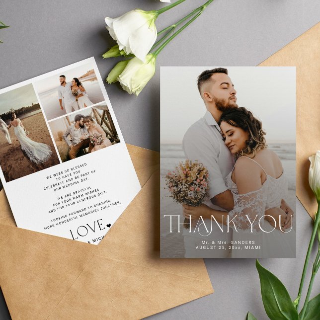 Elegant typography overlay photo collage wedding thank you card (Creator Uploaded)