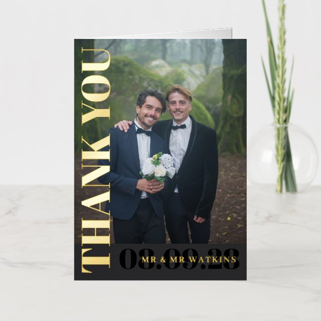 Elegant Typography Photo Wedding Thank you Foil Greeting Card (Front)