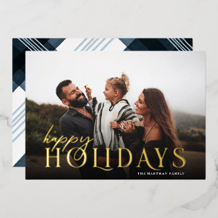 Elegant Typography Plaid Happy Holidays Photo    