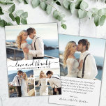 Elegant Typography Script 3 Photo Collage Wedding  Thank You Card<br><div class="desc">Minimalist Modern Elegant "Love and thanks" Script 3 Photo Collage Wedding Thank You Card. Stylish wedding thank you card template featuring 3 photo on the front and 1 photo on the back. With the text "Love and thanks" in a swirly hand lettered typography script font with swash or in black...</div>