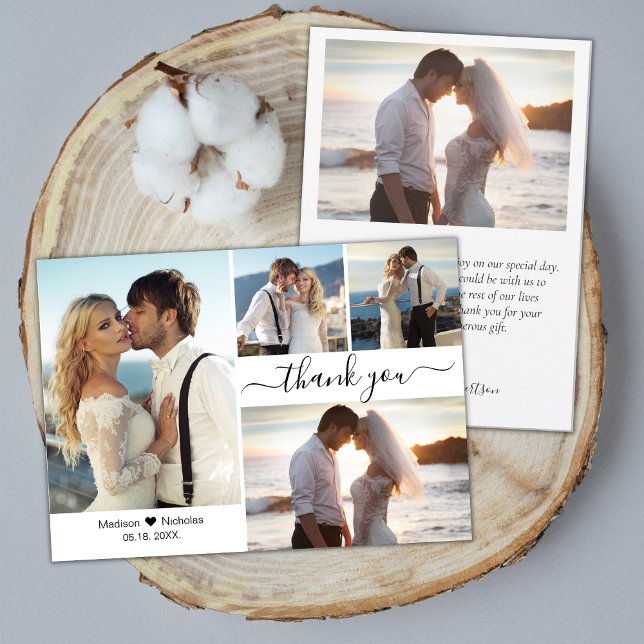 Elegant Typography Script 4 Photo Collage Wedding  Thank You Card (Creator Uploaded)