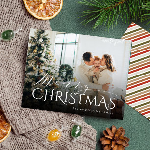 Elegant Typography Striped Merry Christmas Photo Holiday Postcard