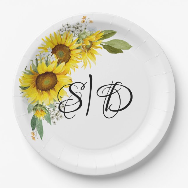 Elegant typography sunflowers wedding paper plate (Front)
