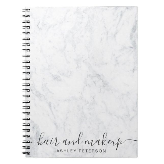 elegant typography trendy white marble hair makeup notebook (Front)