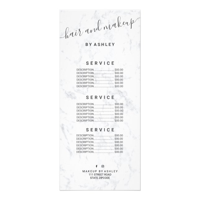 elegant typography trendy white marble hair makeup rack card (Front)