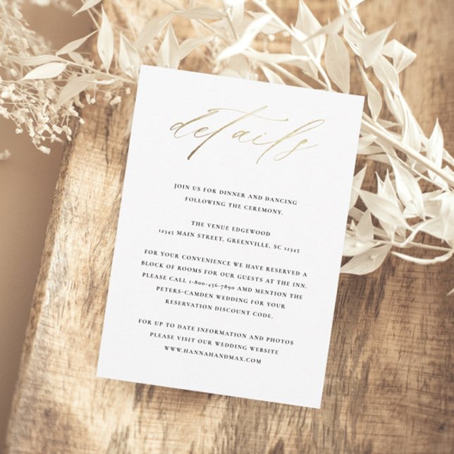 Elegant Typography Wedding Details Enclosure Card (Elegant gold script wedding details enclosure cards.)