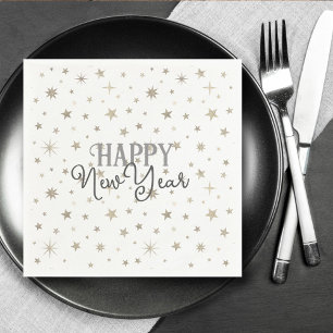 Elegant Typography White Grey Stars Happy New Year Napkin