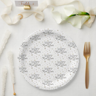 Elegant Typography White Grey Stars Happy New Year Paper Plate