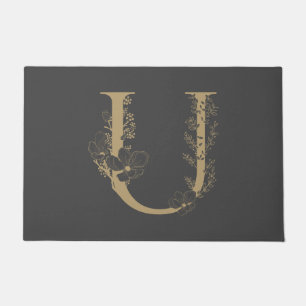 Elegant U Boho Floral Monogram Initial Grey Gold Doormat