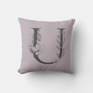 Elegant U Boho Floral Monogram Initial Lilac Grey Cushion