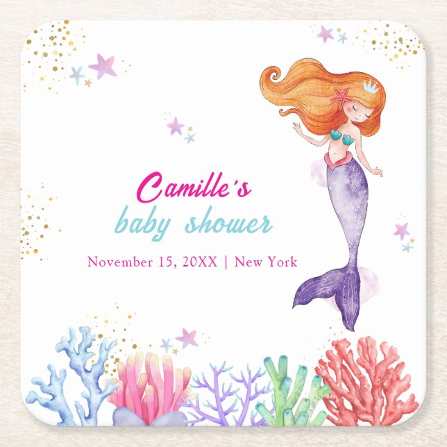 Elegant Under The Sea Mermaid Coral Baby Shower  Square Paper Coaster (Front)