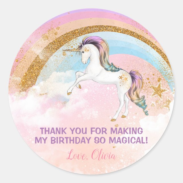 Elegant Unicorn birthday stickers, pink and gold Classic Round Sticker (Front)