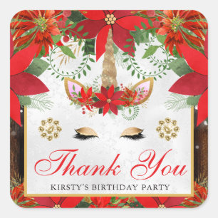 Elegant Unicorn Poinsettia Birthday Favour Square Sticker