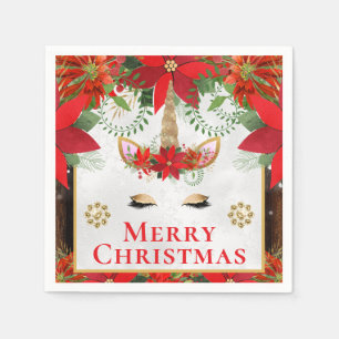 Elegant Unicorn Poinsettia Merry Christmas Napkin