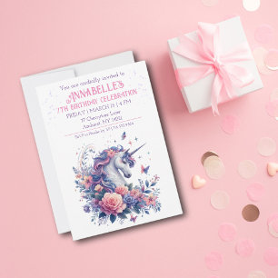 Elegant Unicorn Pretty Pink Purple Girls Birthday Invitation