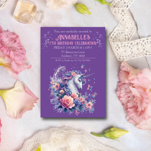 Elegant Unicorn Pretty Pink Purple Girls Birthday Invitation