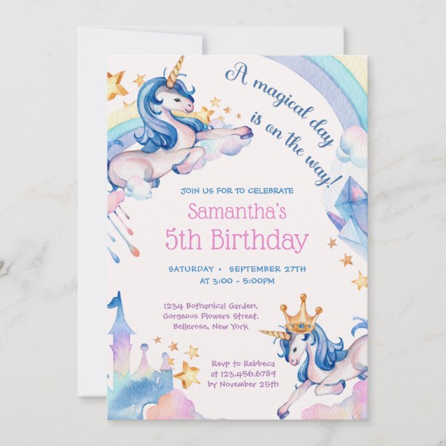 Elegant unicorn rainbow diamonds crown birthday invitation (Front)