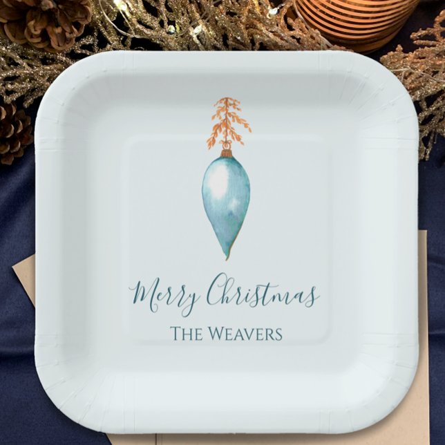 Elegant Unique Blue Watercolor Custom Christmas Paper Plate (Add your name to customize the blue hand painted watercolor Christmas dinner paper plates. 
)