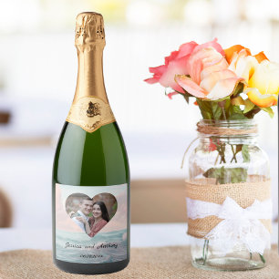 Elegant Unique Coastal Beach Wedding Photo Sparkling Wine Label