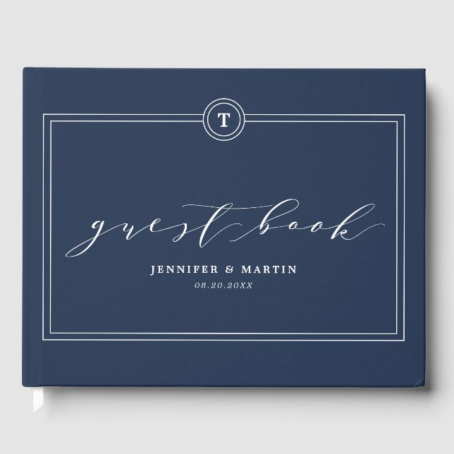 Elegant Unique Navy Monogram Calligraphy Wedding Guest Book (Front)