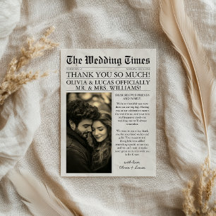 Elegant Unique Newspaper Photo Wedding Thank You Card