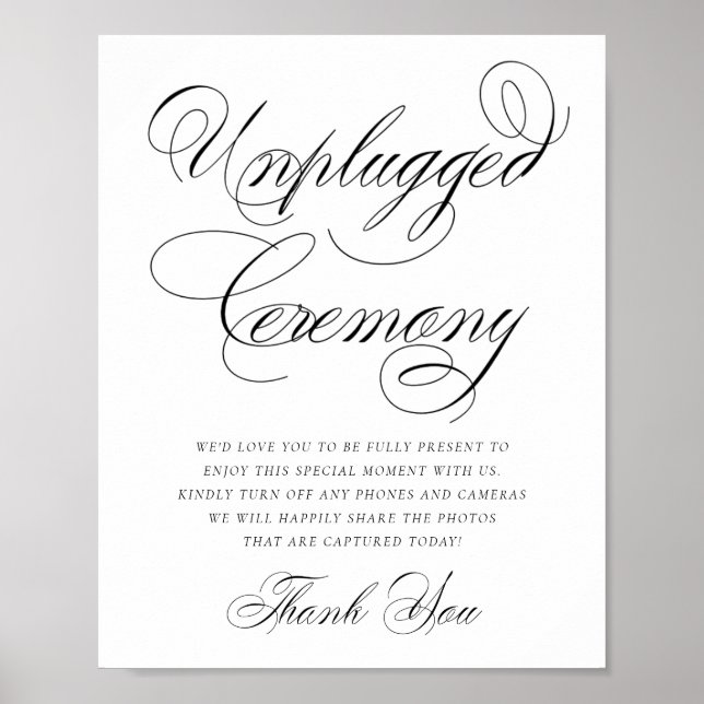 Elegant Unplugged Ceremony Black Calligraphy Poster (Front)