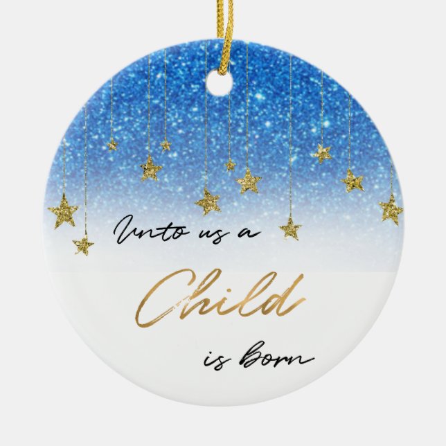 Elegant Unto Us Scripture Blue Glitter 2 Photo Ceramic Tree Decoration (Front)