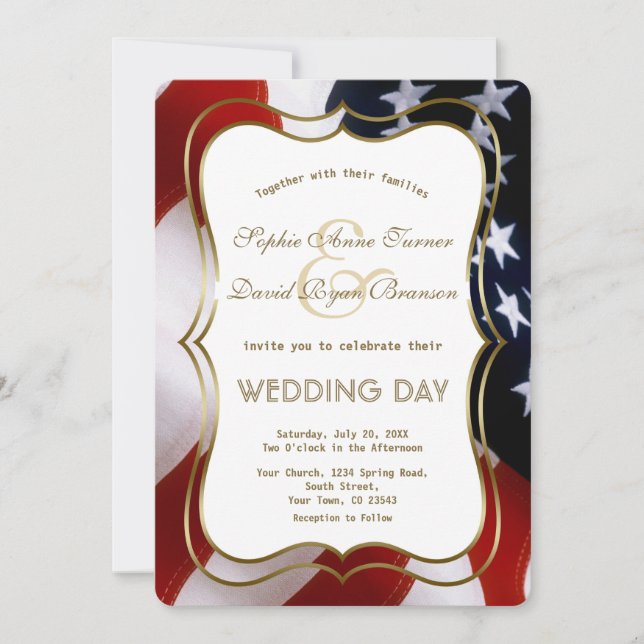 Elegant USA Flag Gold Wedding Custom Invite (Front)