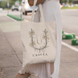 Elegant Uva Ursi Flowers 'U' Monogram Custom Name Tote Bag<br><div class="desc">This tote bag design features a stylised 'U' shape with delicate uva ursi flowers in light brown and beige,  along with scattered green leaves and seed pods,  create a natural,  botanical feel. Customisable with a name below the monogram for a personal touch.</div>