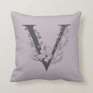 Elegant V Boho Floral Monogram Initial Lilac Grey Cushion